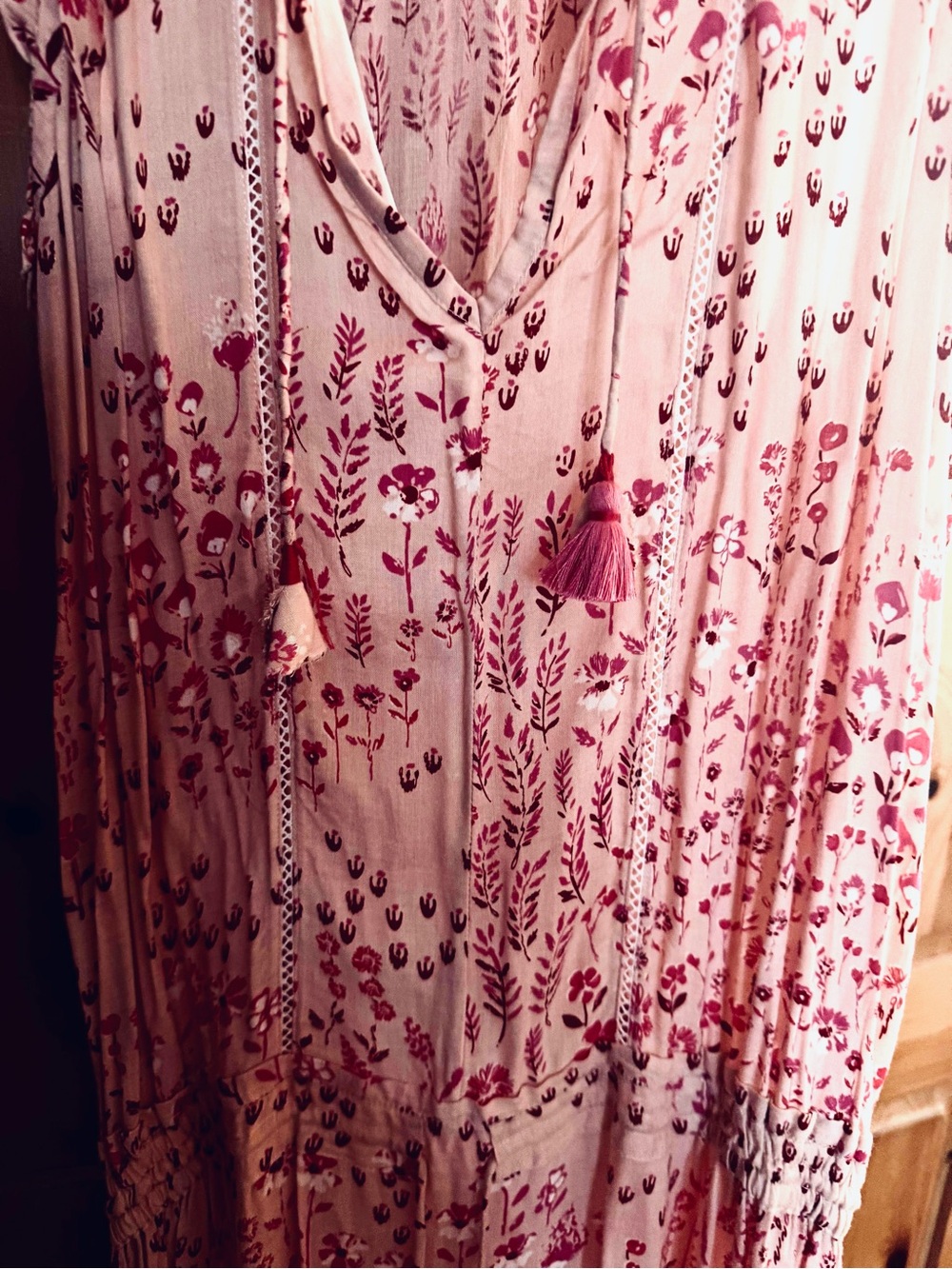 Poupette St. Barth Dusty Pink Floral Maxi Dress with Burgundy Print